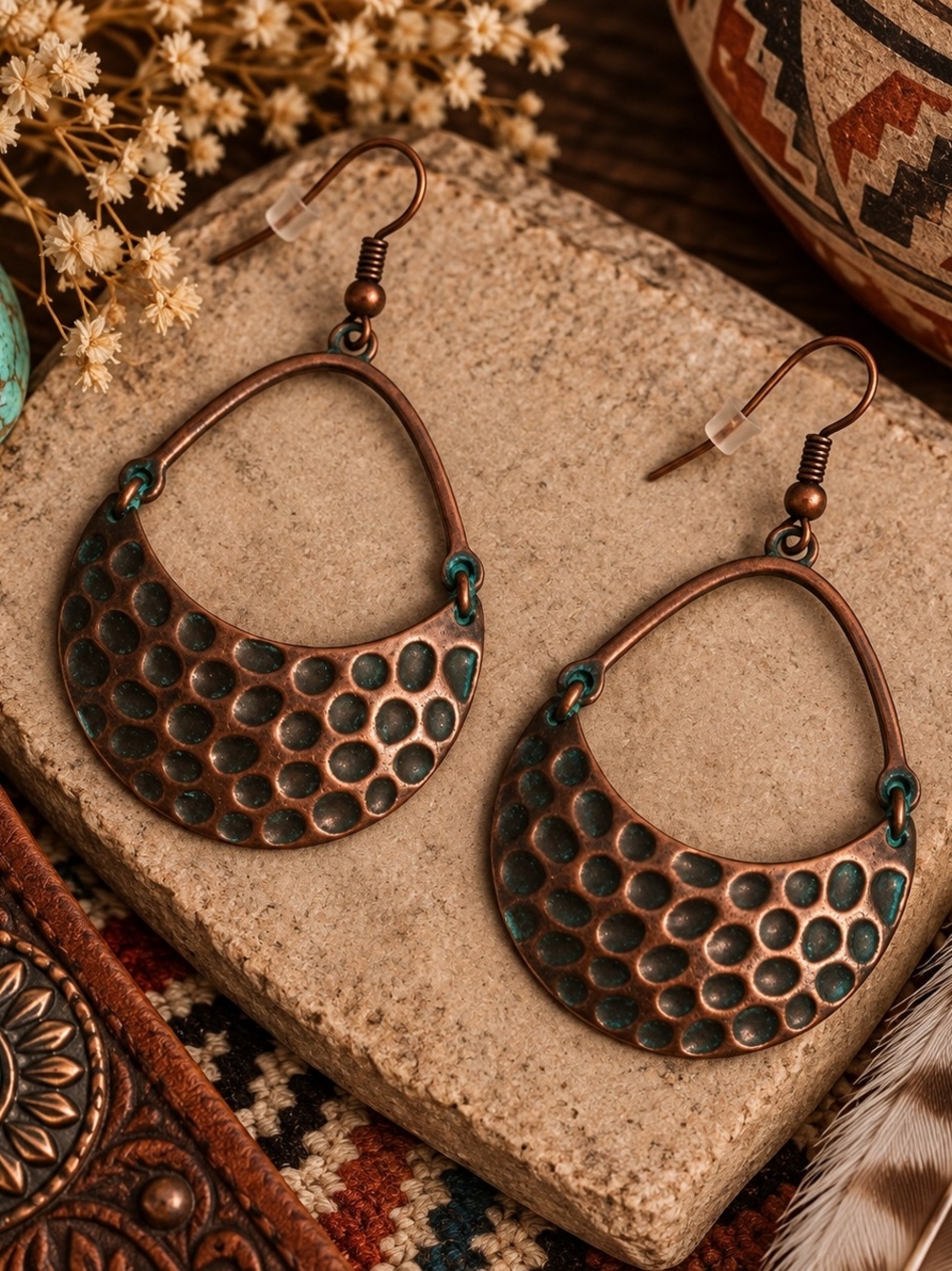 Boho Western Hammered Crescent Copper Drop Earrings - Copper Green Patina New